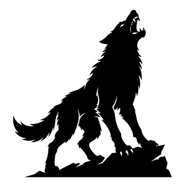 Silhouette of howling wolf standing on rocky cliff. Vector illustration of wild canine animal. Black monochrome graphic for nature themes.