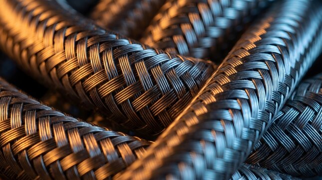Macro Photography of Braided Stainless Steel Industrial Hoses with Cinematic Lighting