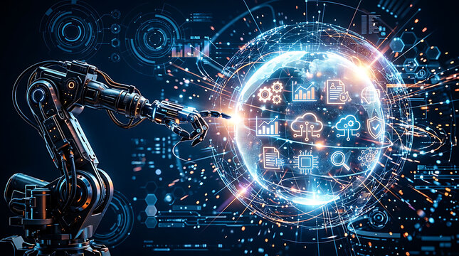 Robotic arm reaching toward a glowing sphere with digital icons technological illustration