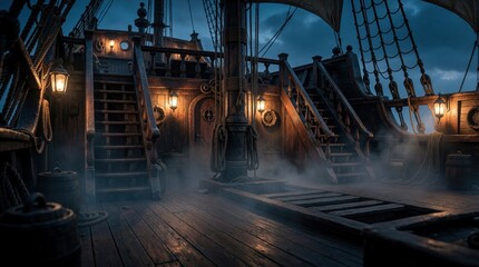 Naklejka premium Old wooden pirate ship deck with lanterns and rigging at night. Mist swirls around the stairs and barrels on the empty aged vessel, hinting at adventure. Background for historic stories.