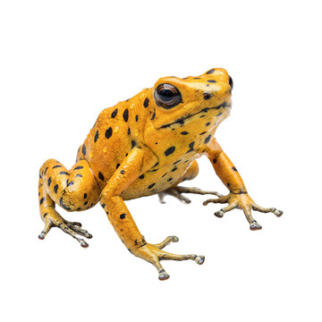 Yellow poison dart frog with black spots sitting isolated on white background tropical amphibian