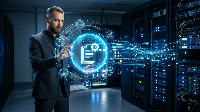 Man interacting with illuminated document and circular interface in a server room setting