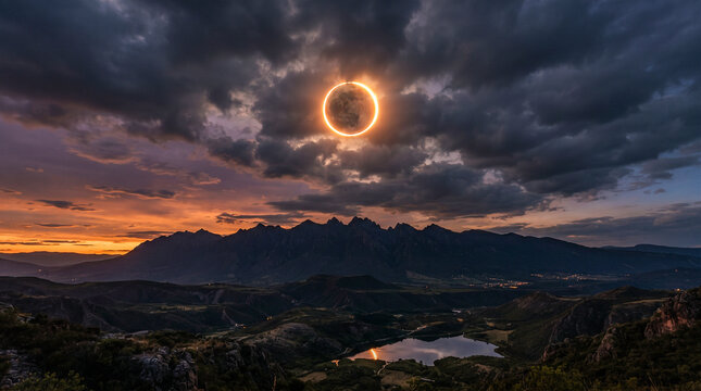 Espectacular eclipse solar anular con el deslumbrante "anillo de fuego" entre nubes oscuras, sobre la silueta de una monta&ntilde;a al anochecer.