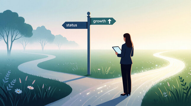 Businesswoman stands at crossroads holding digital tablet. Looks at signpost pointing towards status growth. Two paths diverge in misty landscape. Conceptual illustration represents career decision