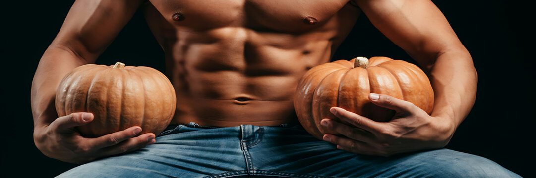 Muscular man with bare torso wearing blue jeans holding two orange pumpkins against a plain black background, for a halloween concept