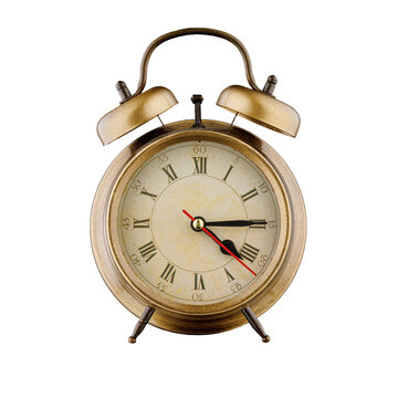 alarm clock, vintage clock with time 4 hours 15 minutes, a.m. 4:15, p.m. 4:15, on isolated white background close-up