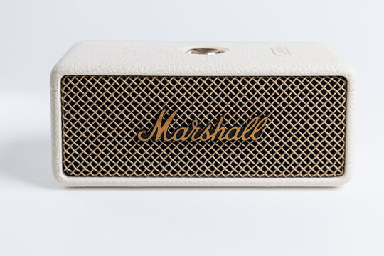 Front view of Marshall Emberton III cream wireless bluetooth speaker isolated on white background