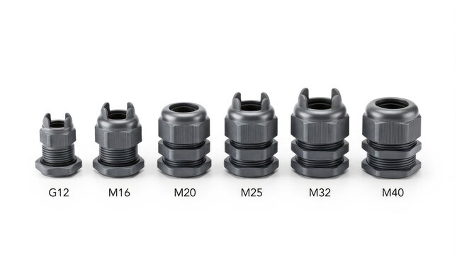 A set of various sizes of black plastic cable glands isolated on white background