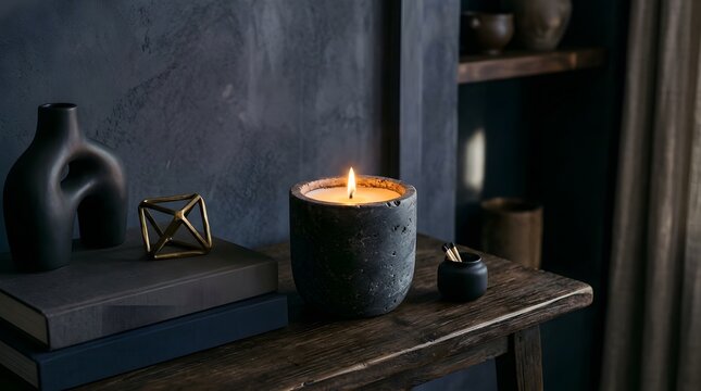Cozy home decor with lit candle and dark accents