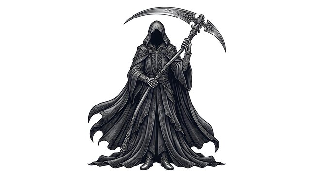 Grim reaper standing tall wearing an ornate dark hooded cloak while holding a sharp decorative silver scythe against white background