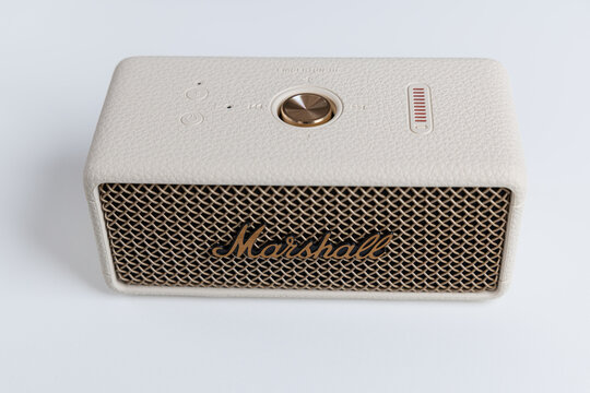 Front view of Marshall Emberton III cream wireless bluetooth speaker isolated on white background