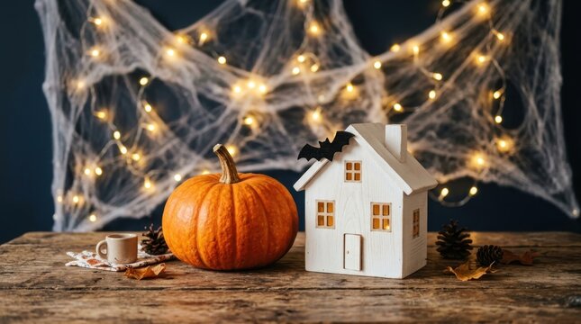 Miniature house and pumpkin with string lights on wood