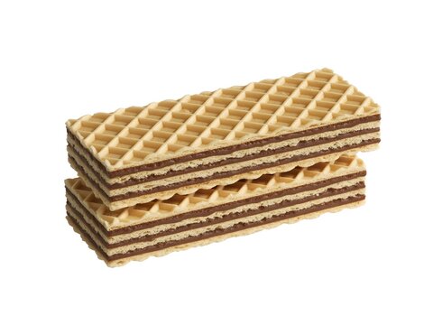 Stack of golden-brown layered wafer biscuits with cream filling isolated on white background