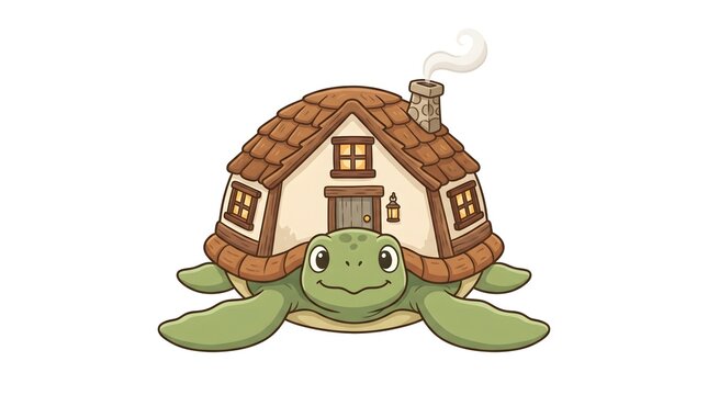 Cute turtle character carrying a cozy wooden house on its shell designed in a colorful digital illustration for children books