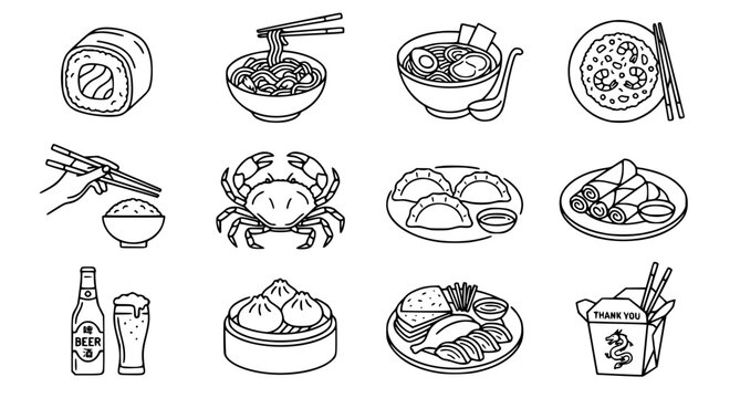 Chinese food linear icons set with sushi noodles ramen fried rice crab beer and chopsticks