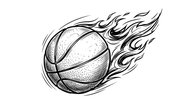 Burning basketball illustration featuring sharp dynamic flames and detailed cross hatching textures drawn in black ink style on white background surface