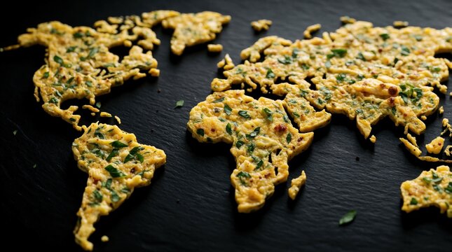 Creative world map formed from scrambled eggs with herbs on dark surface. Edible artwork represents continents, countries, global food, travel. Unique culinary map for diverse concepts.