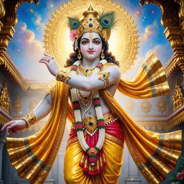 Lord Krishna statue performs divine dance in temple courtyard. Sacred Hindu deity wears golden jewelry, yellow dhoti with peacock feather crown. Religious art display shows spiritual grace, colorful