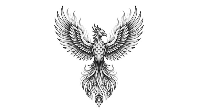 Majestic phoenix bird rising with elegant wings detailed in black and white dotwork style isolated on a plain white background