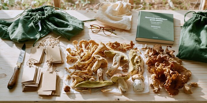 Wild mushroom harvest with chanterelles and boletes on a wooden table for sorting, earthy autumn foraging scene with bags and field guide
