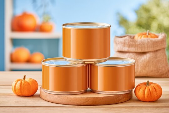 Stacked orange cans with pumpkins on wooden table in cozy autumn scene