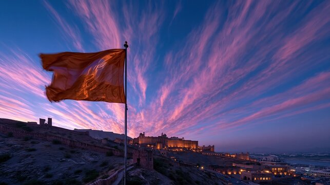 National tricolor flag billowing above a weathered Mughal fortress at twilight, the glowing stone walls and tiered battlements under a dramatic pink sky for patriotic editorial use