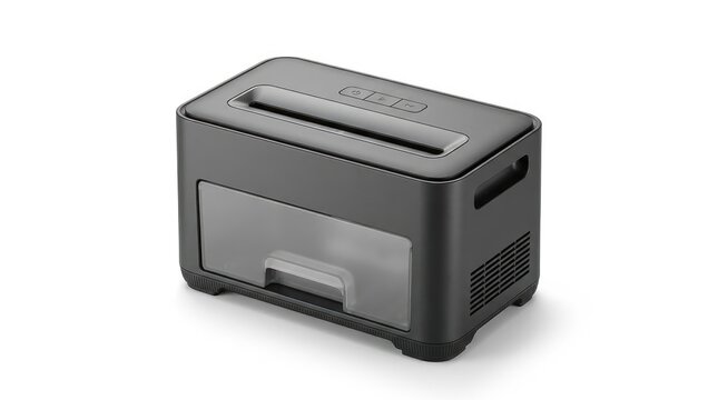 Black compact desktop paper shredder machine with viewing window isolated on white background