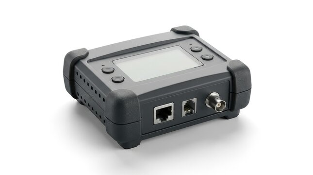 Handheld network cable tester device with digital screen and ports isolated on white background