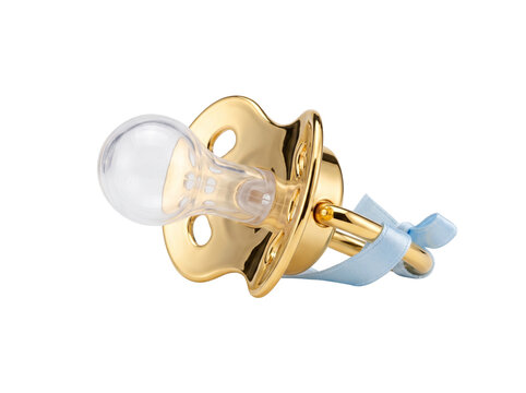 Golden baby pacifier soother dummy with light blue ribbon isolated on plain white background for luxury newborn boy gift, expensive golden infant accessory representing wealthy lifestyle parenting.