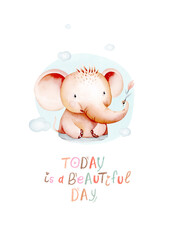 Fototapeta premium Watercolor hand-drawn whimsical illustration of elephant in the clouds with affirmation today is a beautiful day. Ready for print poster for nursery