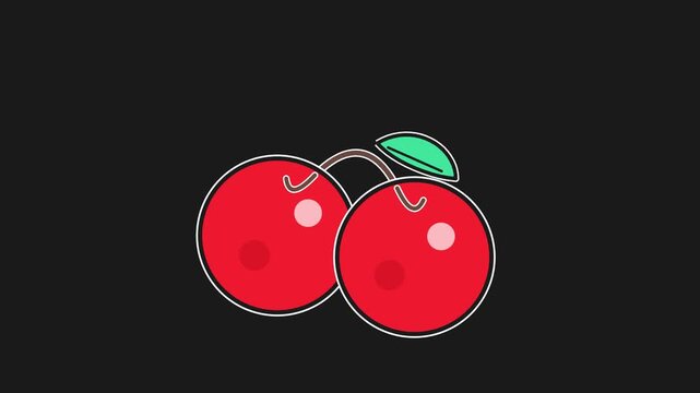 Three identical red cherry icons arranged horizontally against a solid dark grey background surface with cherry illustrations green identical vector style video displays three