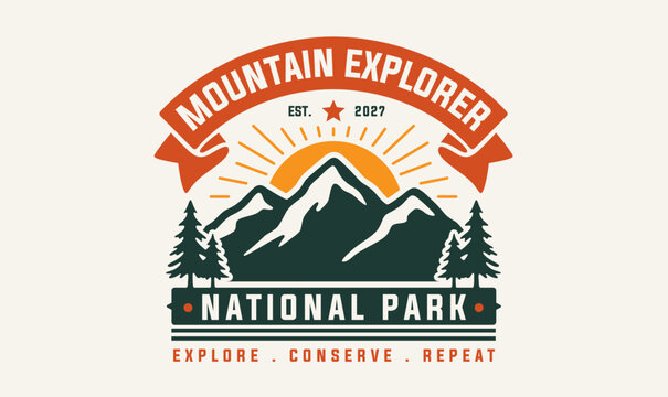 Mountain Explorer National Park, outdoor vector t-shirt design, travel and adventure forest scene, retro sunburst and pine trees