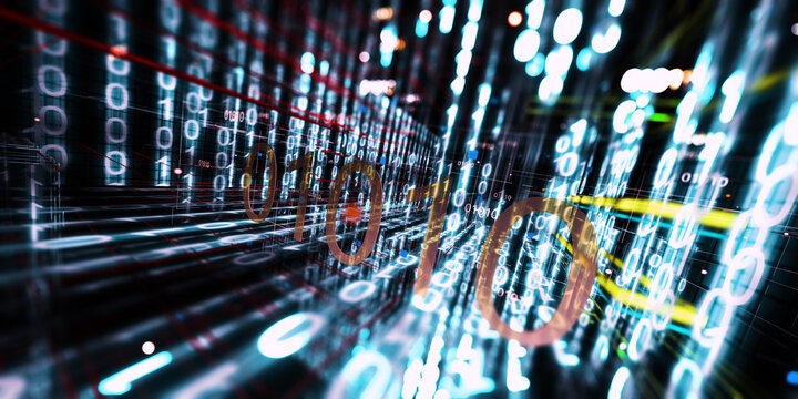 Fondo flujo de c&oacute;digo binario digital de big data, antecedentes tecnol&oacute;gicos. Flujo de c&oacute;digo binario digital brillante con l&iacute;neas de red; concepto de big data y tecnolog&iacute;a para IA, ciberseguridad 
