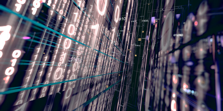 Fondo flujo de c&oacute;digo binario digital de big data, antecedentes tecnol&oacute;gicos. Flujo de c&oacute;digo binario digital brillante con l&iacute;neas de red; concepto de big data y tecnolog&iacute;a para IA, ciberseguridad 