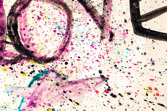 Pintadas por ni&ntilde;os con coloridas salpicaduras de acuarela; Fondo art&iacute;stico infantil l&uacute;dico para educaci&oacute;n, amor y activos editoriales creativos.