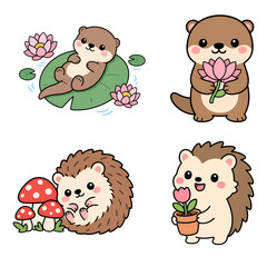 Naklejka premium Cute otter cartoon hedgehog cartoon kawaii animal flower mushroom lily pad smiling spring pastel color flat design animal character otter hedgehog