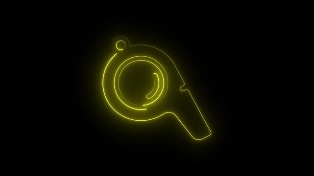 Glowing yellow neon whistle icon sports referee equipment outline coach symbol dark background