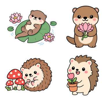 Cute otter cartoon hedgehog cartoon kawaii animal flower mushroom lily pad smiling spring pastel color flat design animal character otter hedgehog