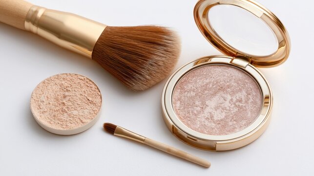 High-end makeup compact powder and brushes with gold accents isolated on white background. Elegant beauty tools for professional cosmetic advertisements.