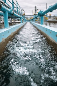 Water flows through a concrete channel lined with blue painted metal piping and infrastructure flowing