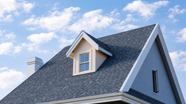 Residential roof with dormer window against a blue sky with scattered clouds roofing shingles asphalt