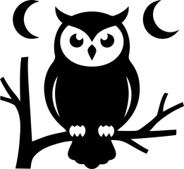 Stylized owl perched on a branch under crescent moons during nighttime isolated on transparent background