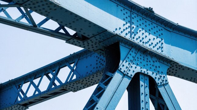 Blue steel bridge girders connect with many rivets. Strong metal structure forms part of large transport infrastructure, showing engineering detail and urban design.