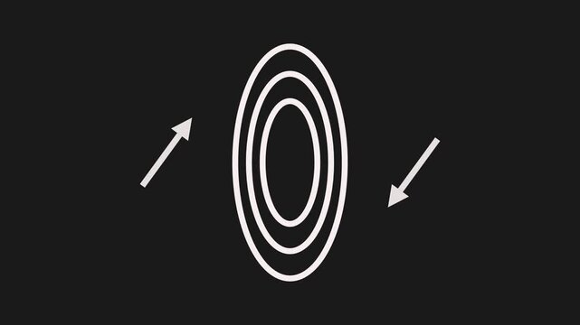 Minimalist linear icons representing science concepts including molecular structures and physics motion principles on dark background with swinging pendulum motion diagram
