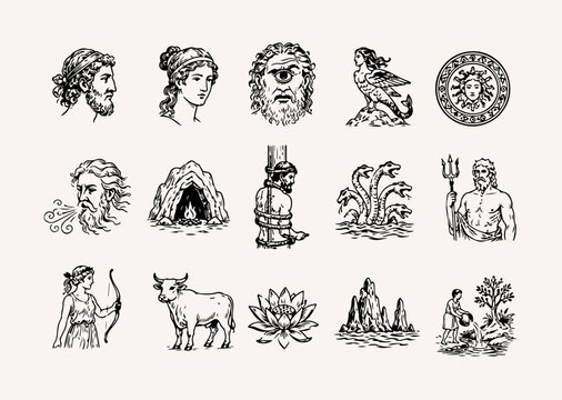 Classical mythological illustration depicting adventure, exploration, heroic voyage, ancient Greece, and the legendary Odyssey. Mediterranean Sea Greek mythology, graphic illustration