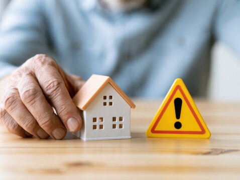Miniature house model and warning sign on a wooden surface close up photo toy replica