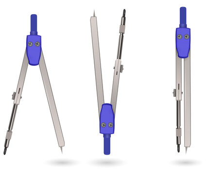 Three 3D renderings of blue and silver compasses on transparent background
