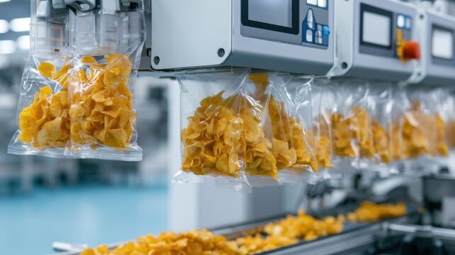 Potato chips in transparent plastic bags move along a factory conveyor belt industrial setting crisps