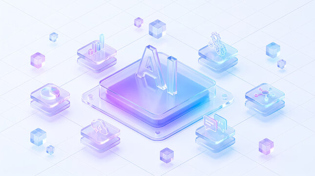 Artificial intelligence concept with glass ai text and digital technology icons on a light blue background