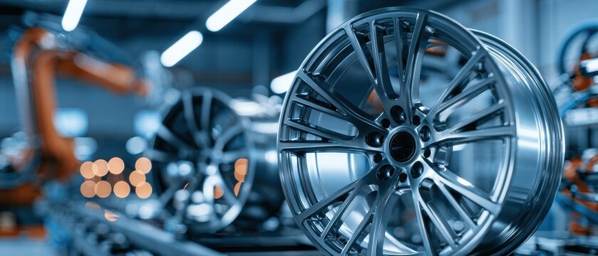 Automotive wheel in a factory setting detailed metallic spokes and polished rim car alloy tire